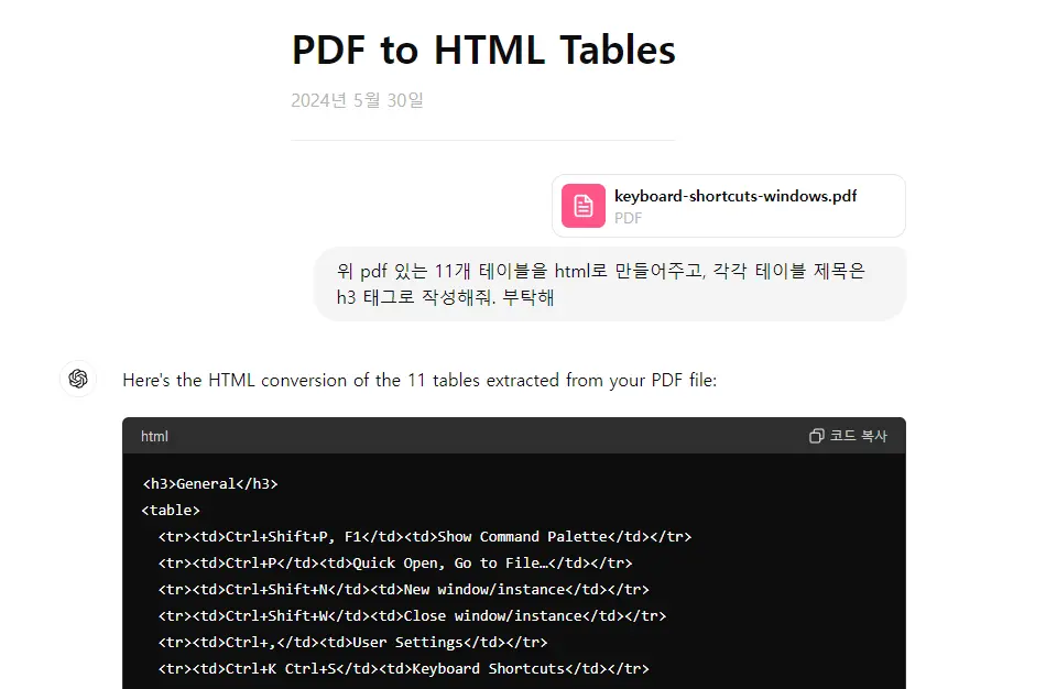 챗gpt4o PDF to HTML TABLE