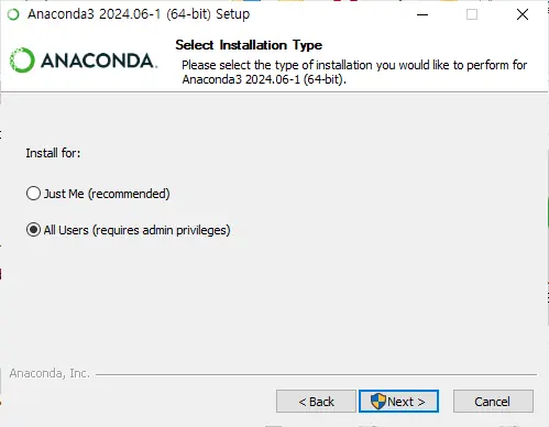 anaconda 관리자권한으로 설치